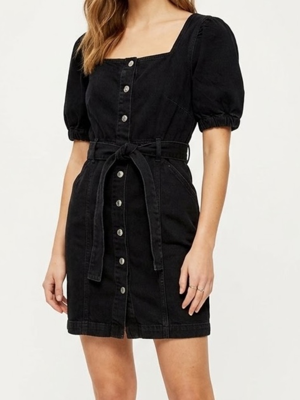 Top shop Black denim Button-Front Dress with Tie Waist